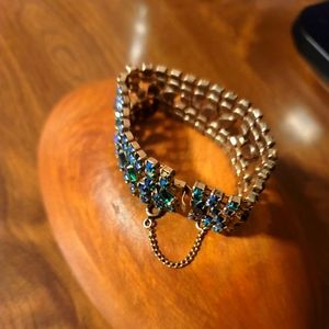 Vintage Emerald Green and Aqua Blue Rhinestones Gold Tone Bracelet